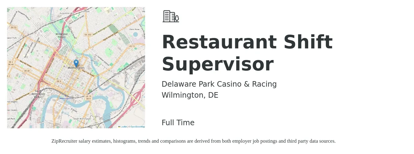 Delaware Park Casino & Racing job posting for a Restaurant Shift Supervisor in Wilmington, DE with a salary of $38,000 to $43,000 Yearly with a map of Wilmington location.