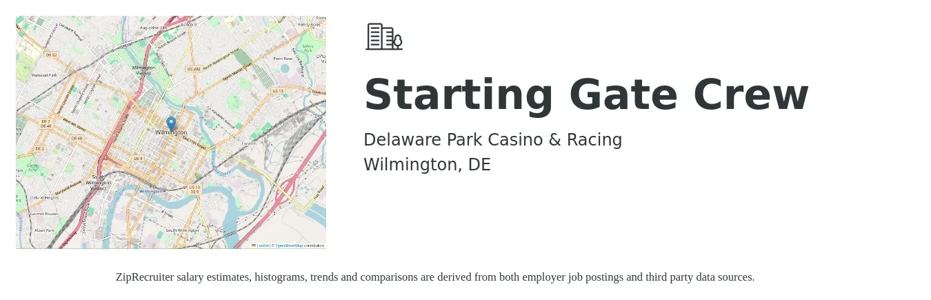 Delaware Park Casino & Racing job posting for a Starting Gate Crew in Wilmington, DE with a salary of $12 to $15 Hourly with a map of Wilmington location.