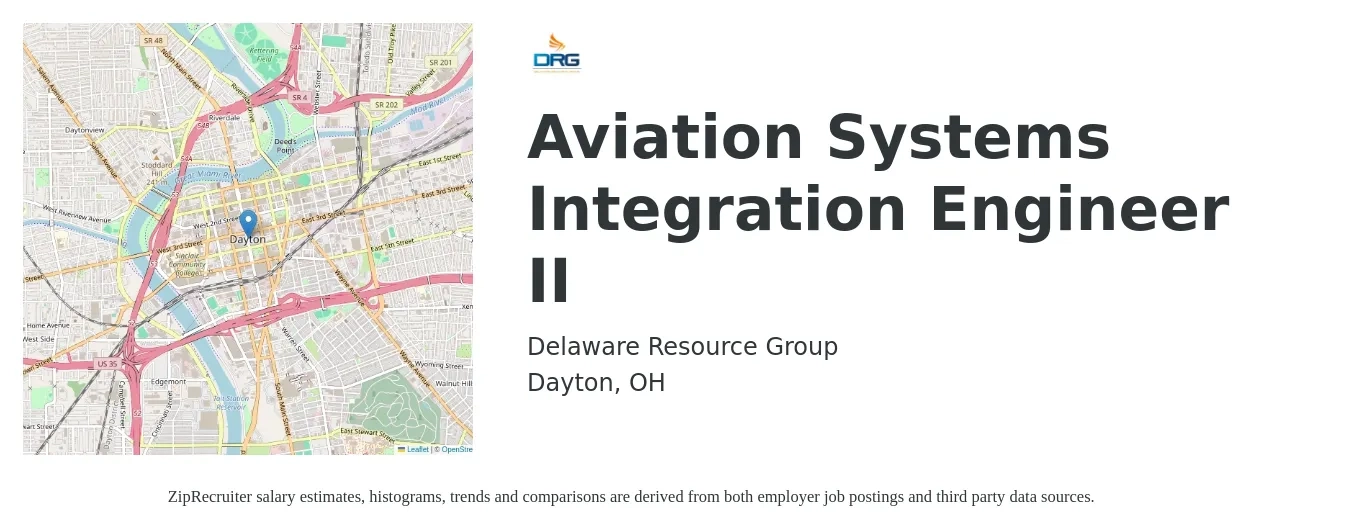 Delaware Resource Group job posting for a Aviation Systems Integration Engineer II in Dayton, OH with a salary of $83,000 to $145,000 Yearly and benefits including life_insurance, medical, pto, retirement, vision, and dental with a map of Dayton location.