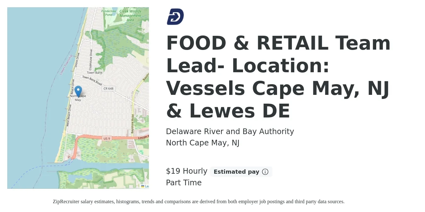 Delaware River and Bay Authority job posting for a FOOD & RETAIL Team Lead- Location: Vessels Cape May, NJ & Lewes DE in North Cape May, NJ with a salary of $20 Hourly with a map of North Cape May location.