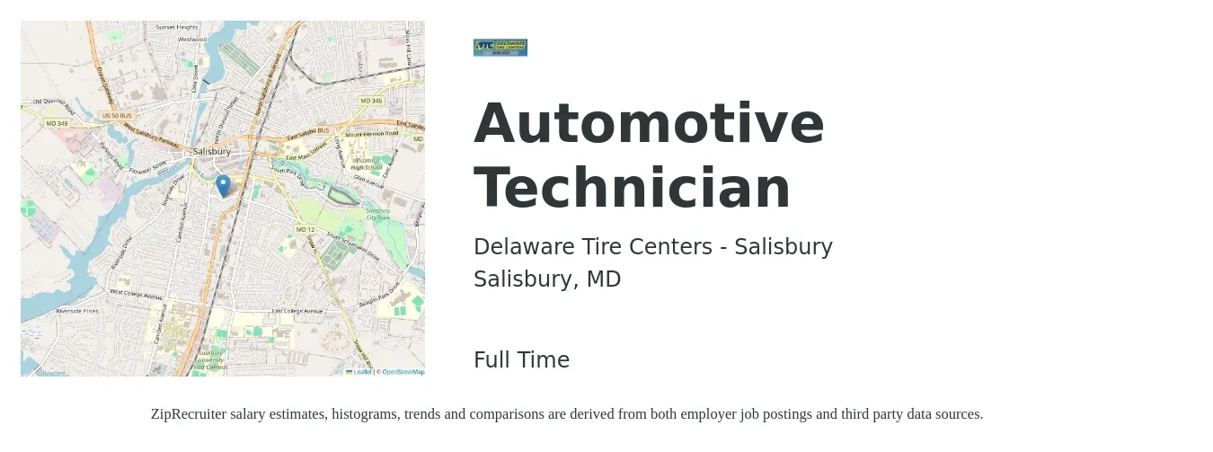 Delaware Tire Centers - Salisbury job posting for a Automotive Technician in Salisbury, MD with a salary of $22 to $34 Hourly with a map of Salisbury location.
