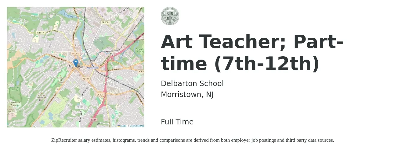 Delbarton School job posting for a Art Teacher; Part-time (7th-12th) in Morristown, NJ with a salary of $46,000 to $62,000 Yearly with a map of Morristown location.