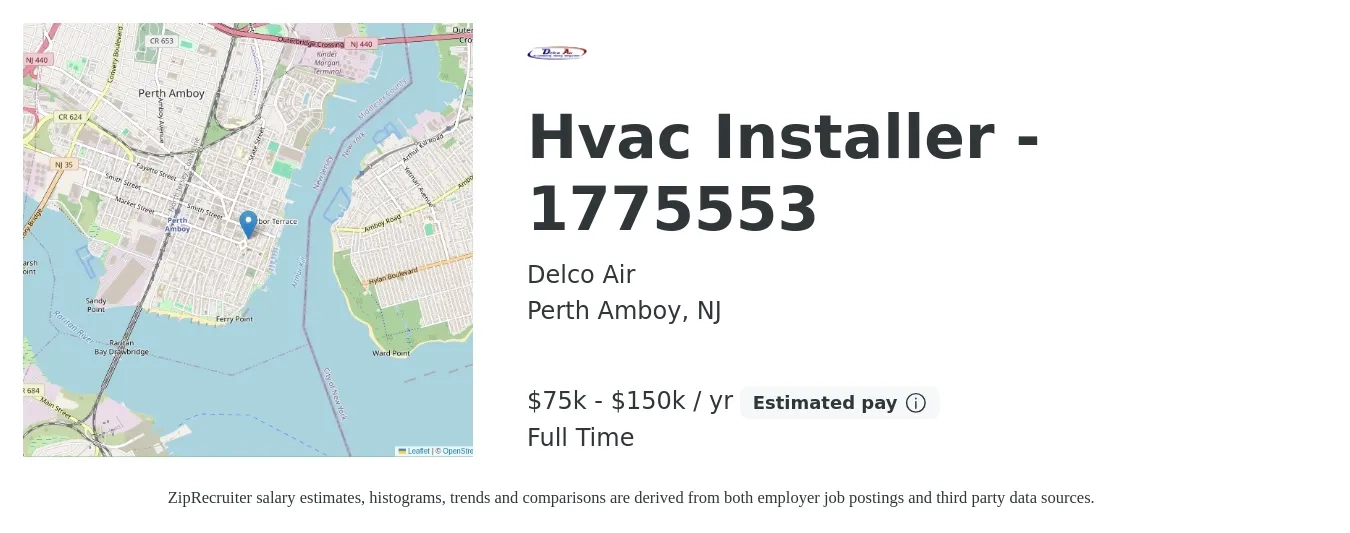 Delco Air job posting for a Hvac Installer - 1775553 in Perth Amboy, NJ with a salary of $75,000 to $150,000 Yearly with a map of Perth Amboy location.