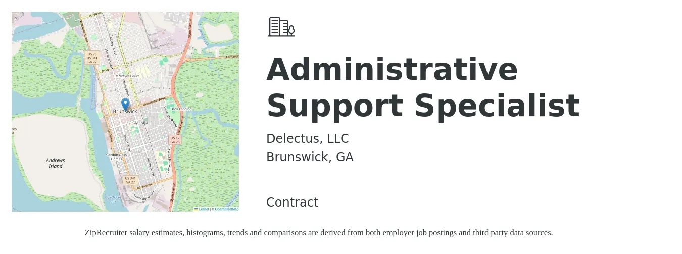 Delectus, LLC job posting for a Administrative Support Specialist in Brunswick, GA with a salary of $37,900 to $64,100 Yearly with a map of Brunswick location.