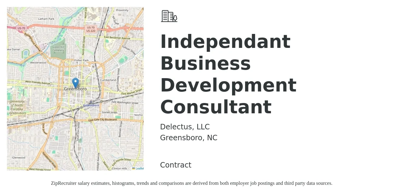 Delectus, LLC job posting for a Independant Business Development Consultant in Greensboro, NC with a salary of $45,100 to $63,500 Yearly with a map of Greensboro location.