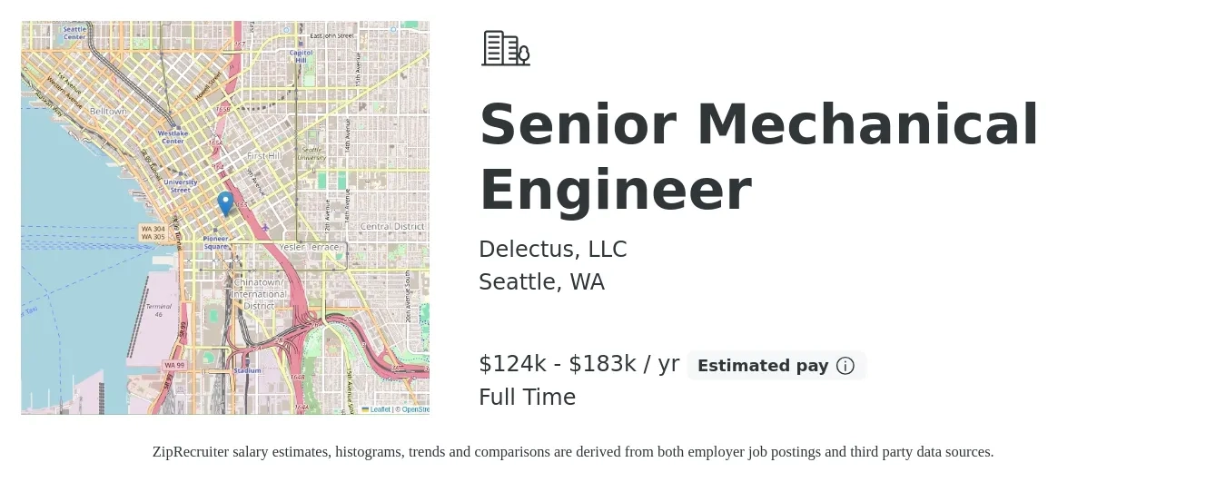 Delectus, LLC job posting for a Senior Mechanical Engineer in Seattle, WA with a salary of $124,800 to $183,000 Yearly with a map of Seattle location.