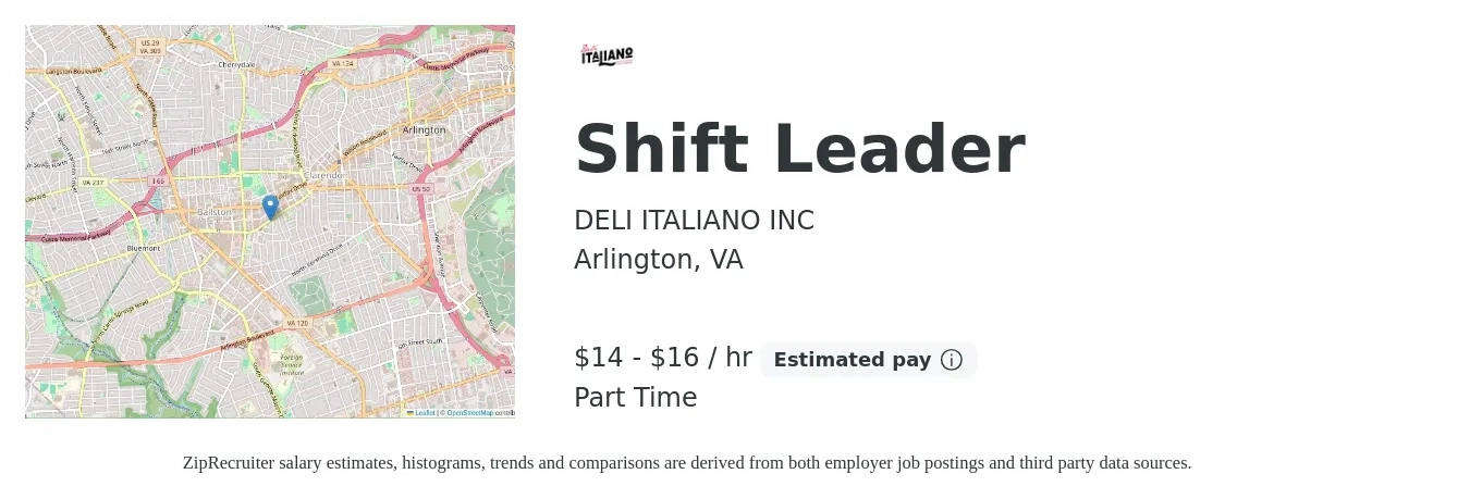 DELI ITALIANO INC job posting for a Shift Leader in Arlington, VA with a salary of $15 to $17 Hourly with a map of Arlington location.