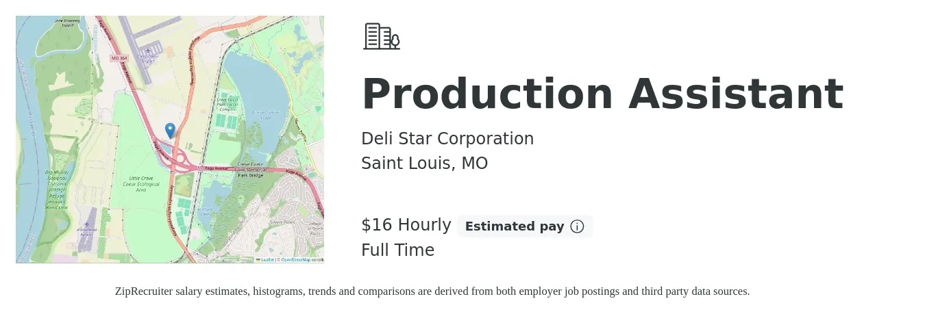 Deli Star Corporation job posting for a Production Assistant in Saint Louis, MO with a salary of $17 Hourly with a map of Saint Louis location.