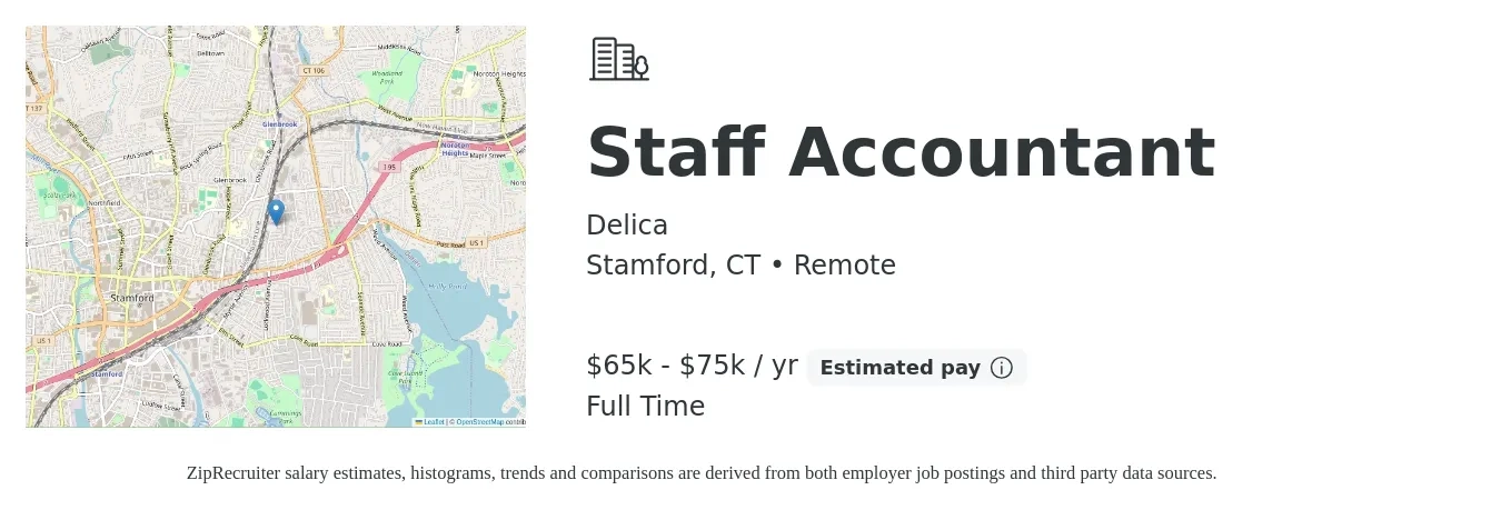 Delica job posting for a Staff Accountant in Stamford, CT with a salary of $65,000 to $75,000 Yearly with a map of Stamford location.