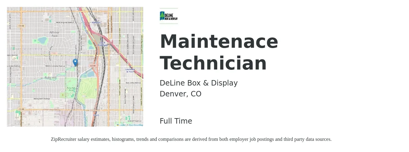 DeLine Box & Display job posting for a Maintenace Technician in Denver, CO with a salary of $30 to $38 Hourly with a map of Denver location.