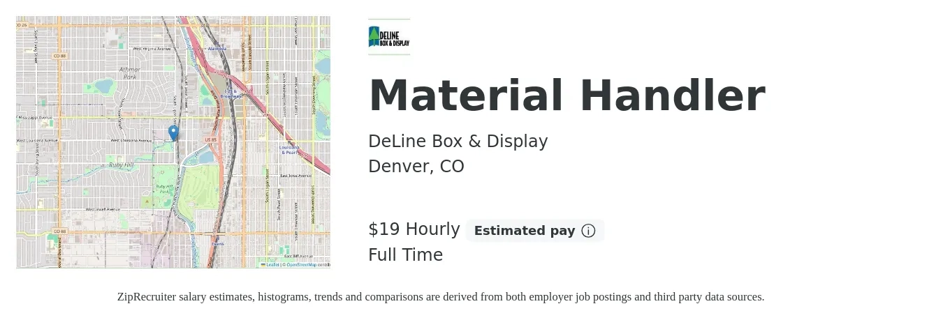 DeLine Box & Display job posting for a Material Handler in Denver, CO with a salary of $20 Hourly with a map of Denver location.