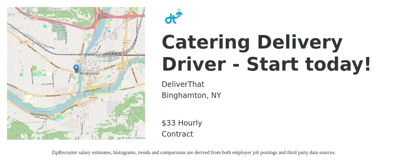 DeliverThat job posting for a Catering Delivery Driver - Start today! in Binghamton, NY with a salary of $35 Hourly with a map of Binghamton location.