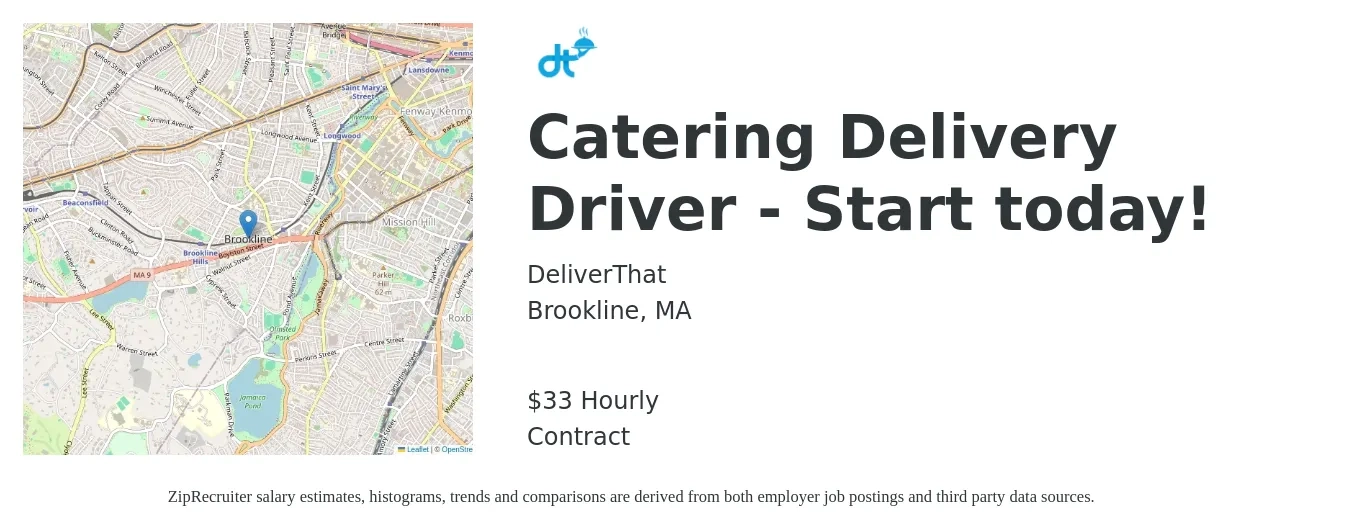DeliverThat job posting for a Catering Delivery Driver - Start today! in Brookline, MA with a salary of $35 Hourly with a map of Brookline location.