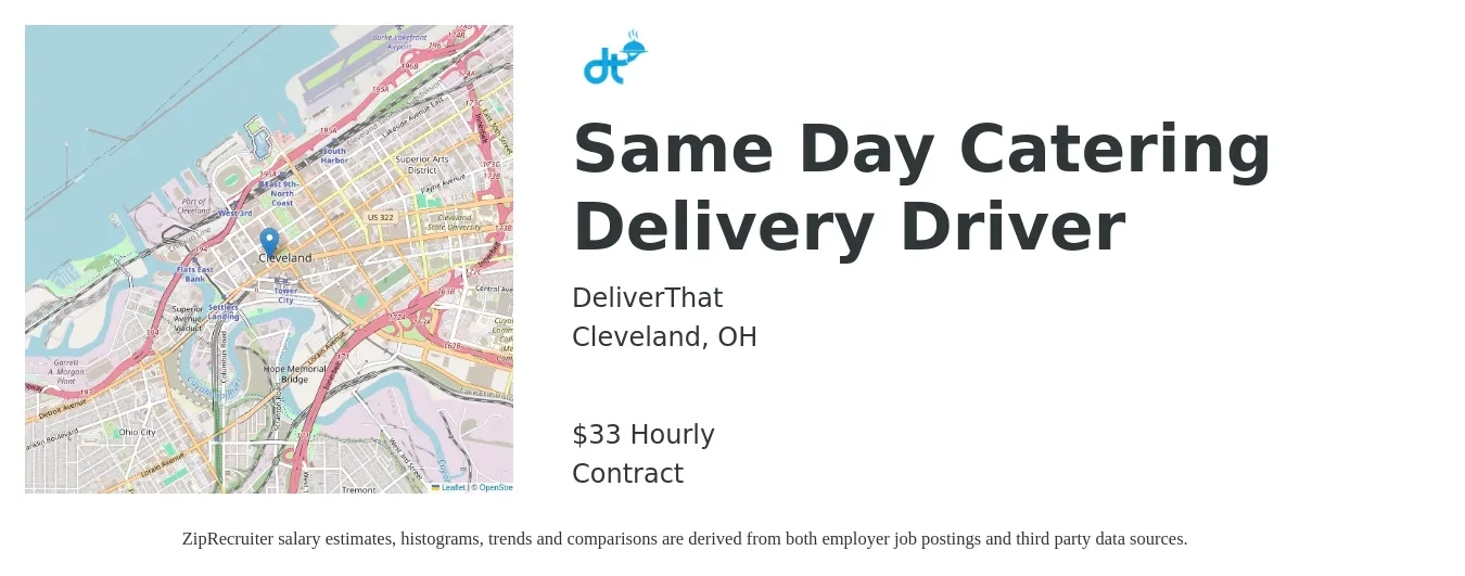 DeliverThat job posting for a Same Day Catering Delivery Driver in Cleveland, OH with a salary of $35 Hourly with a map of Cleveland location.