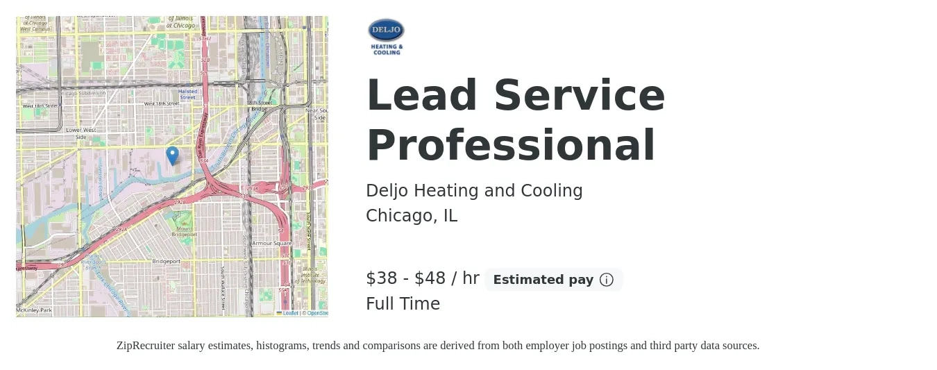 Deljo Heating and Cooling job posting for a Lead Service Professional in Chicago, IL with a salary of $40 to $50 Hourly with a map of Chicago location.