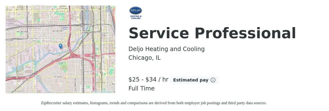 Deljo Heating and Cooling job posting for a Service Professional in Chicago, IL with a salary of $26 to $36 Hourly with a map of Chicago location.