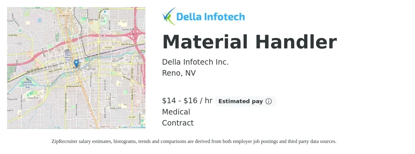 Della Infotech Inc. job posting for a Material Handler in Reno, NV with a salary of $15 to $18 Hourly and benefits including medical with a map of Reno location.