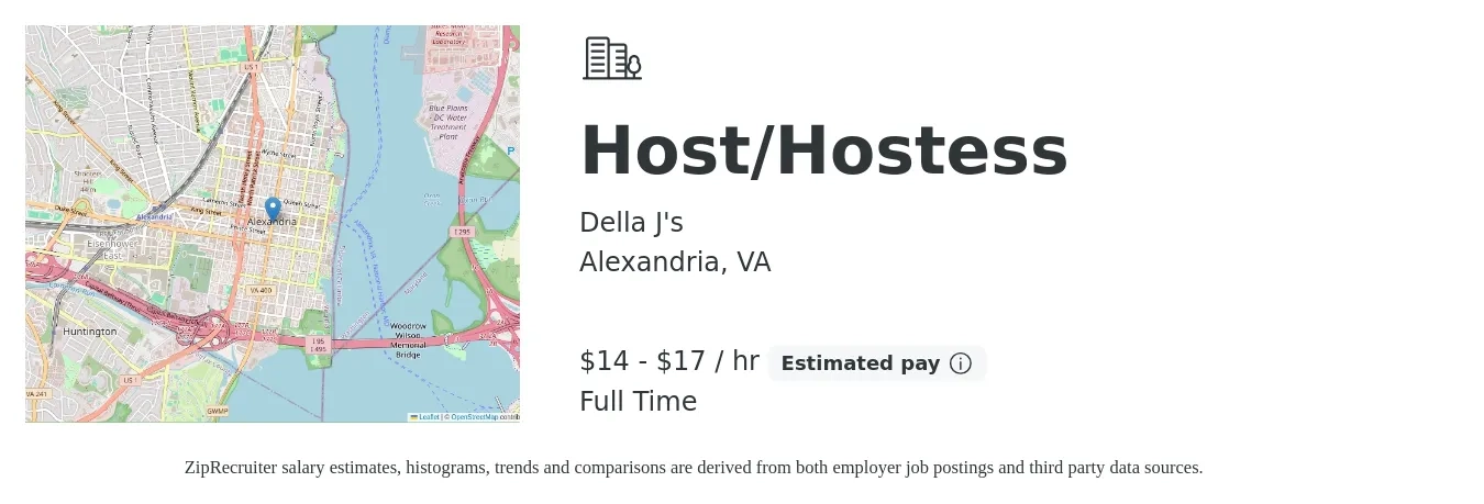 Della J's job posting for a Host/Hostess in Alexandria, VA with a salary of $15 to $18 Hourly with a map of Alexandria location.