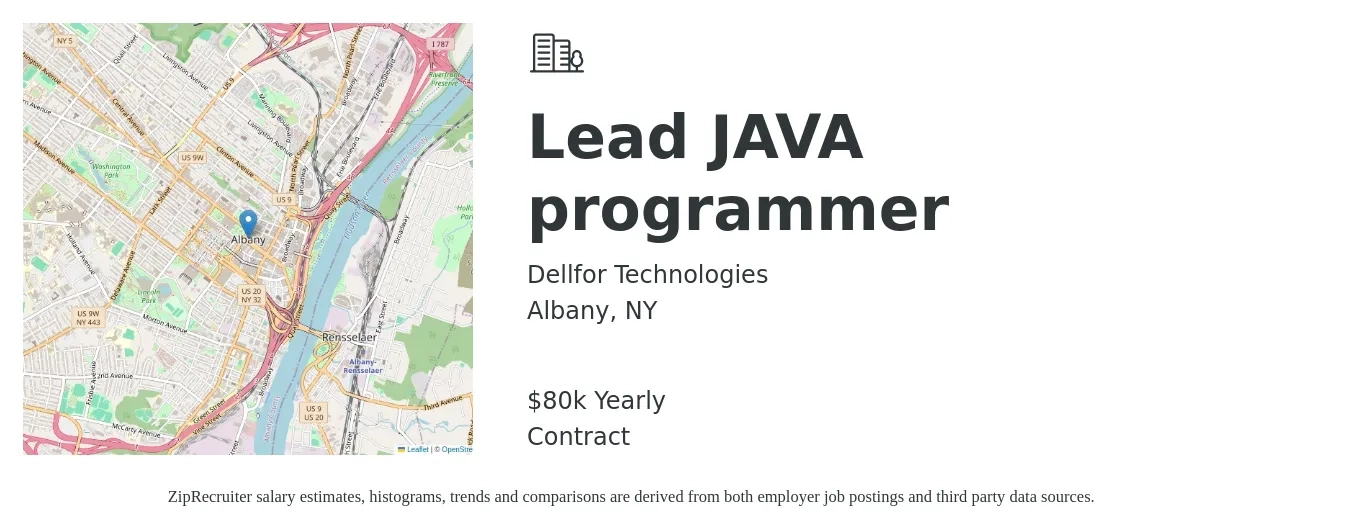 Dellfor Technologies job posting for a Lead JAVA programmer in Albany, NY with a salary of $80,000 Yearly with a map of Albany location.