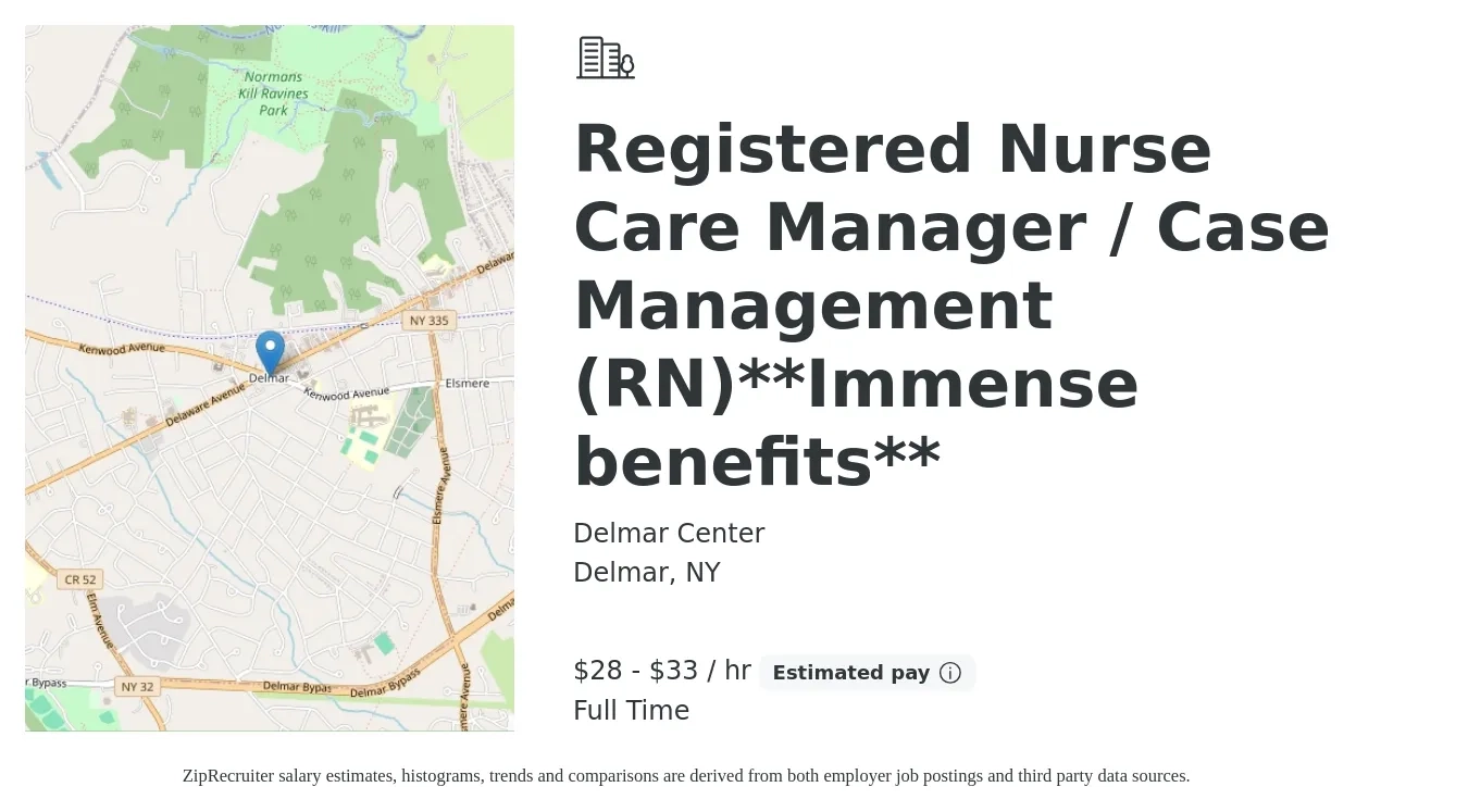 Delmar Center job posting for a Registered Nurse Care Manager / Case Management (RN)**Immense benefits** in Delmar, NY with a salary of $30 to $35 Hourly with a map of Delmar location.
