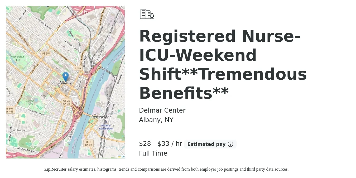 Delmar Center job posting for a Registered Nurse-ICU-Weekend Shift**Tremendous Benefits** in Albany, NY with a salary of $30 to $35 Hourly with a map of Albany location.