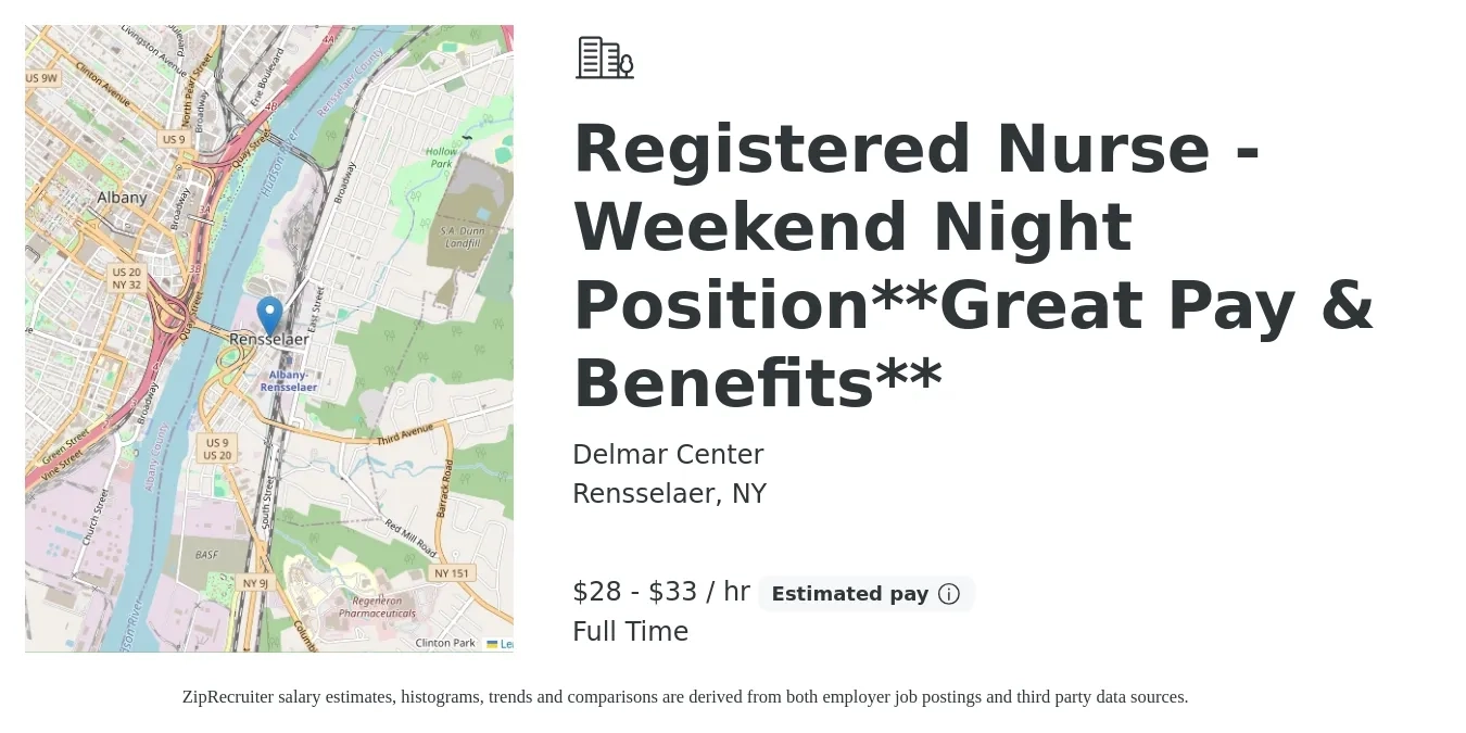 Delmar Center job posting for a Registered Nurse - Weekend - Night Position**Great Pay & Benefits** in Rensselaer, NY with a salary of $30 to $35 Hourly with a map of Rensselaer location.