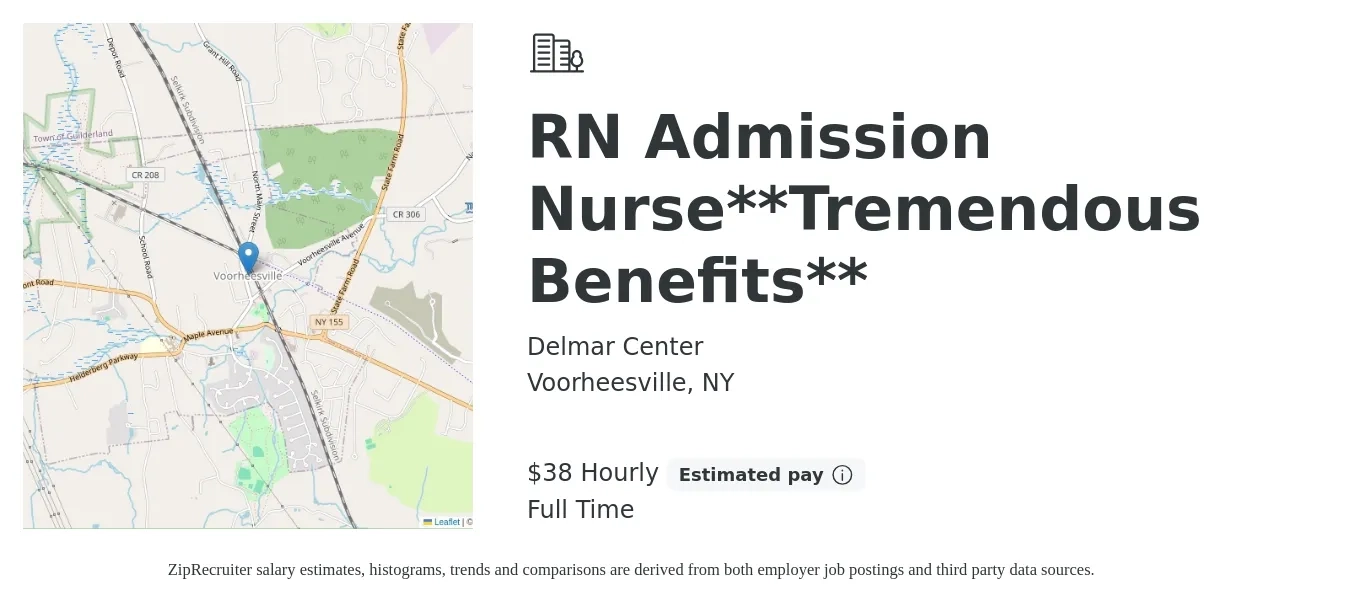 Delmar Center job posting for a RN Admission Nurse**Tremendous Benefits** in Voorheesville, NY with a salary of $40 Hourly with a map of Voorheesville location.
