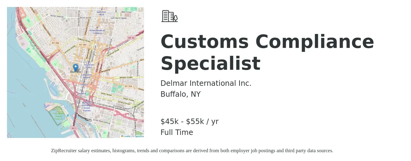 Delmar International Inc. job posting for a Customs Compliance Specialist in Buffalo, NY with a salary of $45,000 to $55,000 Yearly with a map of Buffalo location.