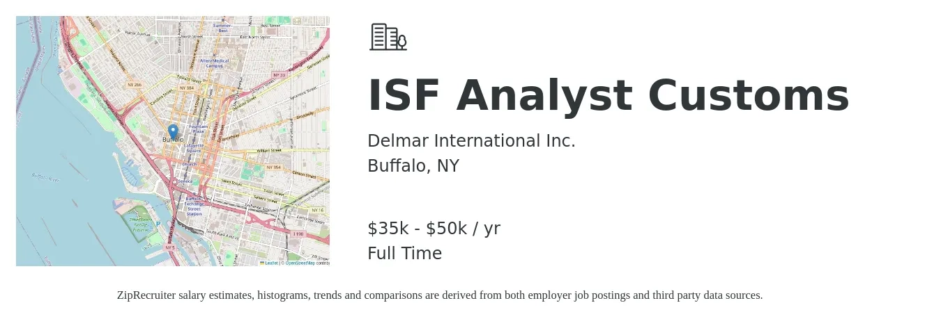 Delmar International Inc. job posting for a ISF Analyst Customs in Buffalo, NY with a salary of $35,000 to $50,000 Yearly with a map of Buffalo location.