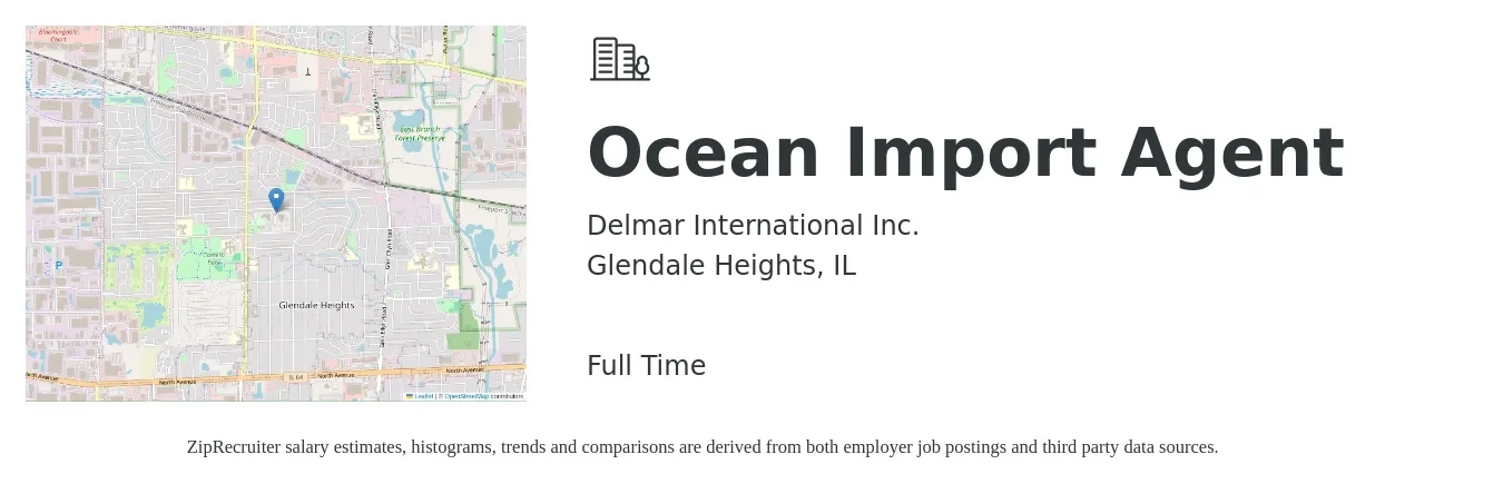 Delmar International Inc. job posting for a Ocean Import Agent in Glendale Heights, IL with a map of Glendale Heights location.