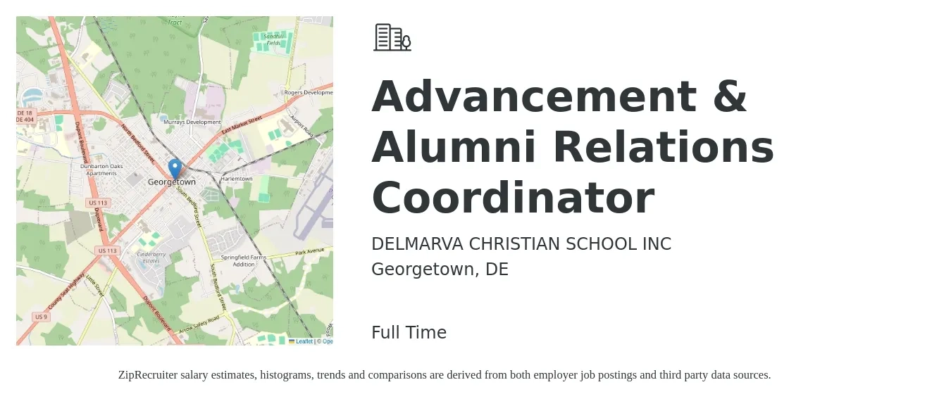 DELMARVA CHRISTIAN SCHOOL INC job posting for a Advancement & Alumni Relations Coordinator in Georgetown, DE with a salary of $42,500 to $59,600 Yearly with a map of Georgetown location.