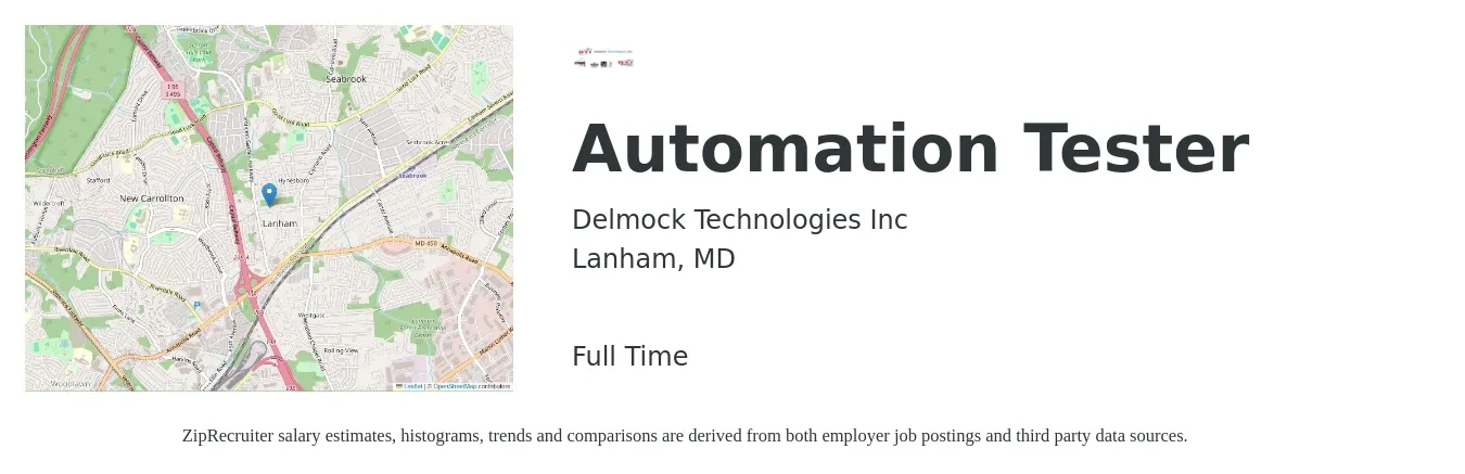 Delmock Technologies Inc job posting for a Automation Tester in Lanham, MD with a salary of $46 to $60 Hourly with a map of Lanham location.