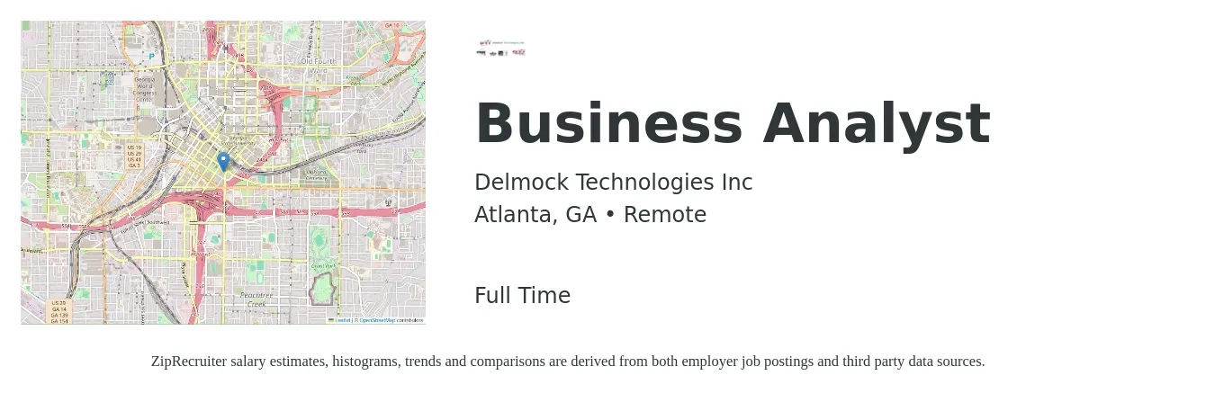 Delmock Technologies Inc job posting for a Business Analyst in Atlanta, GA with a salary of $36 to $60 Hourly with a map of Atlanta location.