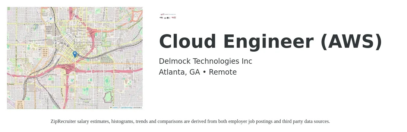 Delmock Technologies job posting for a Cloud Engineer (AWS) in Atlanta, GA with a salary of $54 to $72 Hourly with a map of Atlanta location.