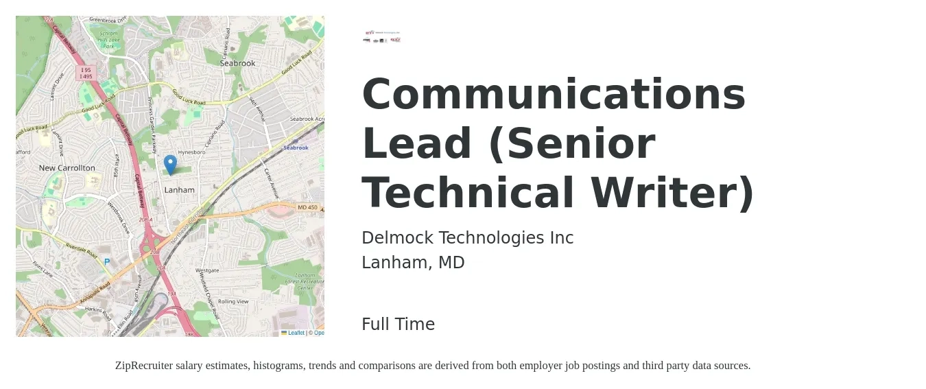 Delmock Technologies Inc job posting for a Communications Lead (Senior Technical Writer) in Lanham, MD with a salary of $80,800 to $123,700 Yearly with a map of Lanham location.
