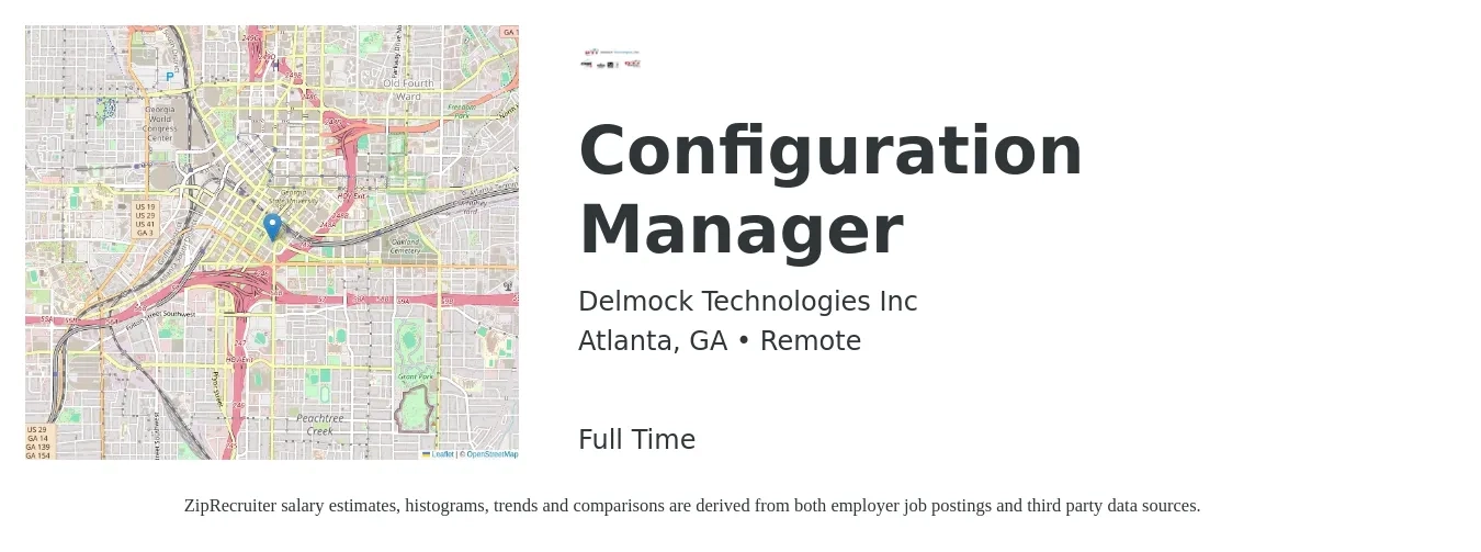 Delmock Technologies Inc job posting for a Configuration Manager in Atlanta, GA with a salary of $74,600 to $109,900 Yearly with a map of Atlanta location.
