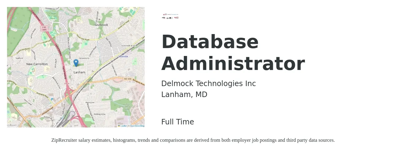 Delmock Technologies Inc job posting for a Database Administrator in Lanham, MD with a salary of $40 to $61 Hourly with a map of Lanham location.