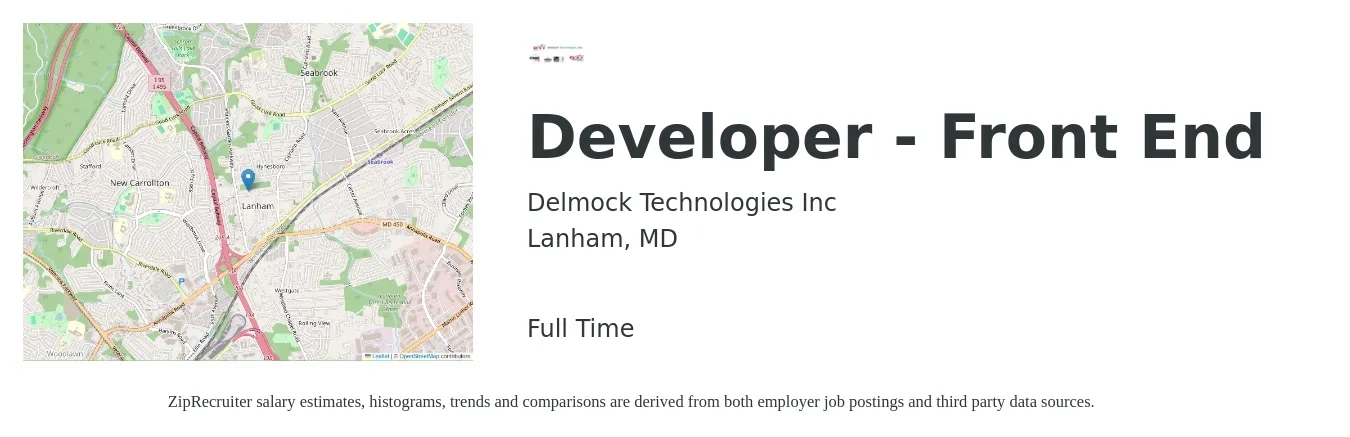 Delmock Technologies Inc job posting for a Developer - Front End in Lanham, MD with a salary of $103,800 to $120,700 Yearly with a map of Lanham location.