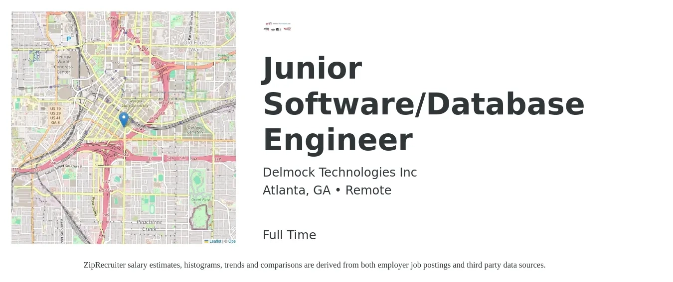 Delmock Technologies Inc job posting for a Junior Software/Database Engineer in Atlanta, GA with a salary of $71,600 to $93,700 Yearly with a map of Atlanta location.