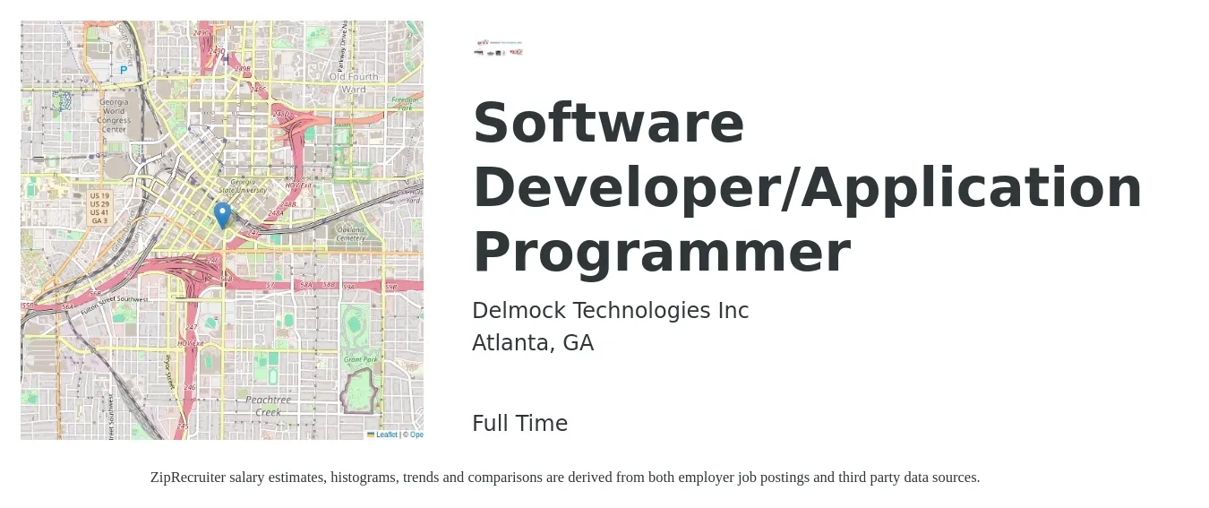 Delmock Technologies Inc job posting for a Software Developer/Application Programmer in Atlanta, GA with a salary of $88,300 to $127,500 Yearly with a map of Atlanta location.