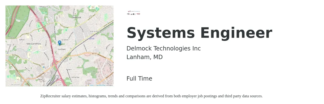 Delmock Technologies Inc job posting for a Systems Engineer in Lanham, MD with a salary of $97,800 to $156,700 Yearly with a map of Lanham location.