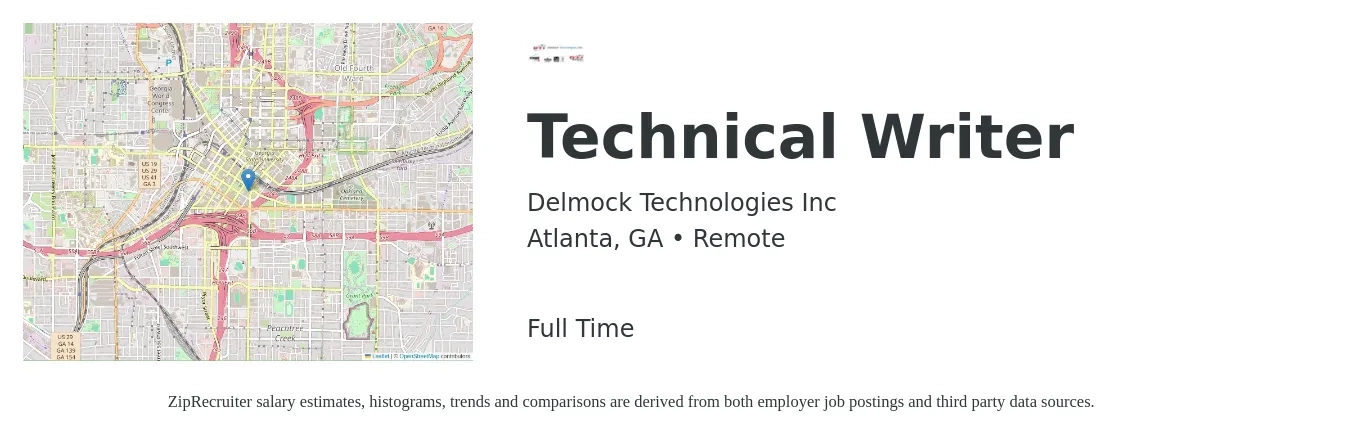 Delmock Technologies Inc job posting for a Technical Writer in Atlanta, GA with a salary of $30 to $48 Hourly with a map of Atlanta location.