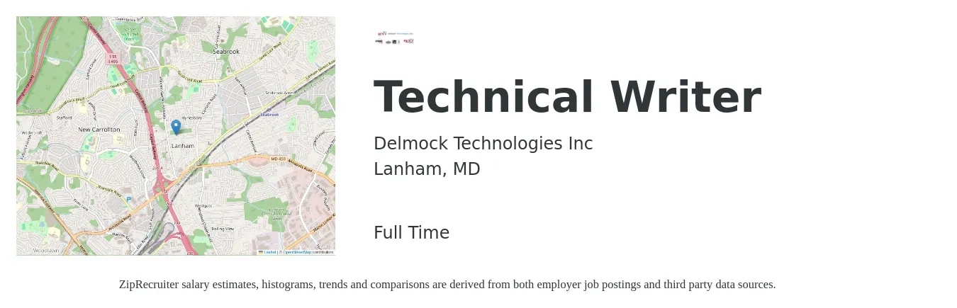 Delmock Technologies Inc job posting for a Technical Writer in Lanham, MD with a salary of $30 to $49 Hourly with a map of Lanham location.