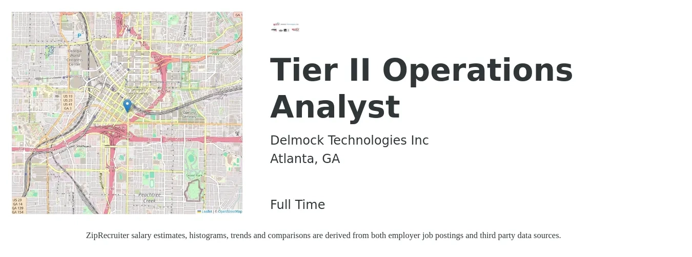 Delmock Technologies Inc job posting for a Tier II Operations Analyst in Atlanta, GA with a salary of $24 to $41 Hourly with a map of Atlanta location.