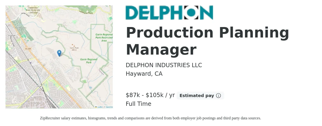 DELPHON INDUSTRIES LLC job posting for a Production Planning Manager in Hayward, CA with a salary of $87,630 to $105,000 Yearly with a map of Hayward location.