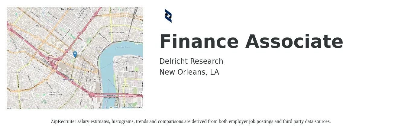 Delricht Research job posting for a Finance Associate in New Orleans, LA with a salary of $50,000 to $65,000 Yearly with a map of New Orleans location.