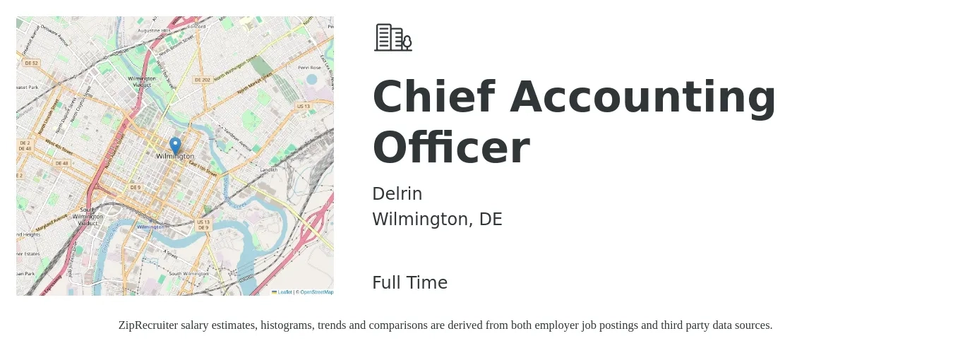 Delrin job posting for a Chief Accounting Officer in Wilmington, DE with a salary of $127,100 to $269,800 Yearly with a map of Wilmington location.
