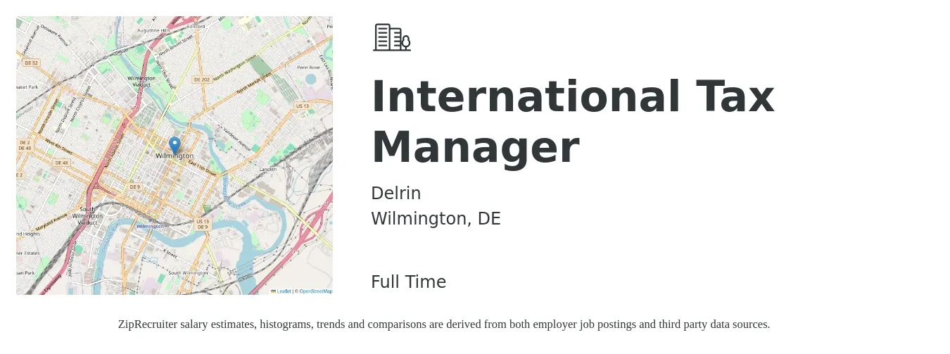 Delrin job posting for a International Tax Manager in Wilmington, DE with a salary of $121,300 to $153,300 Yearly with a map of Wilmington location.