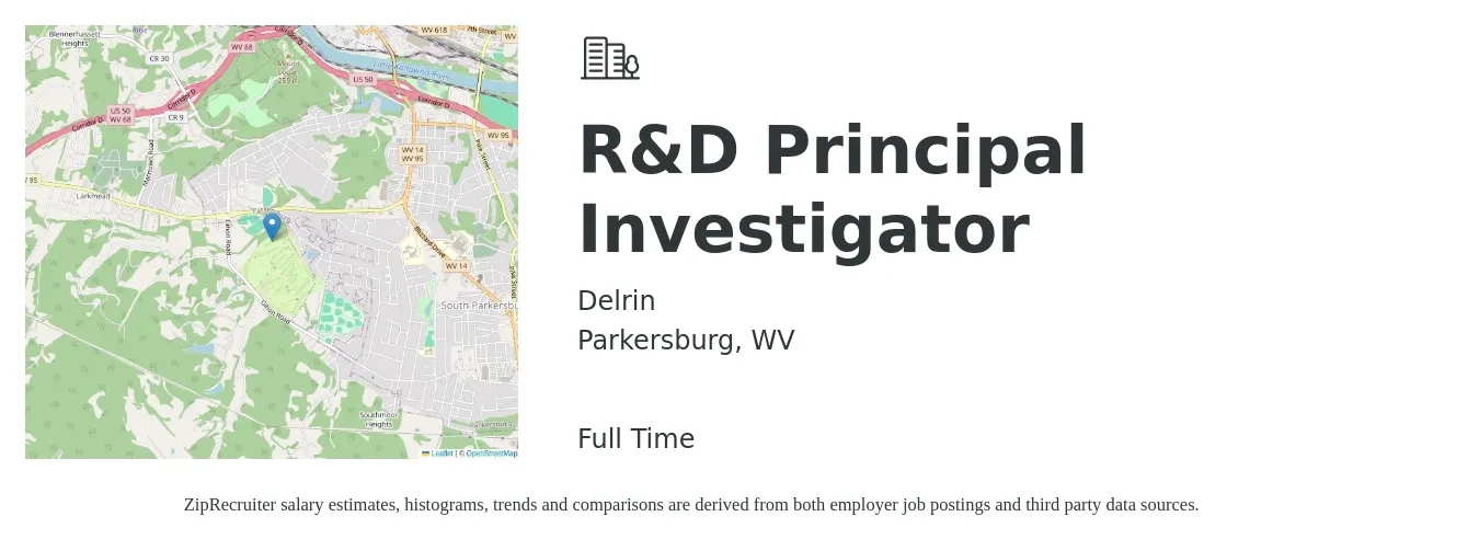 Delrin job posting for a R&D Principal Investigator in Parkersburg, WV with a salary of $84,500 to $196,400 Yearly with a map of Parkersburg location.
