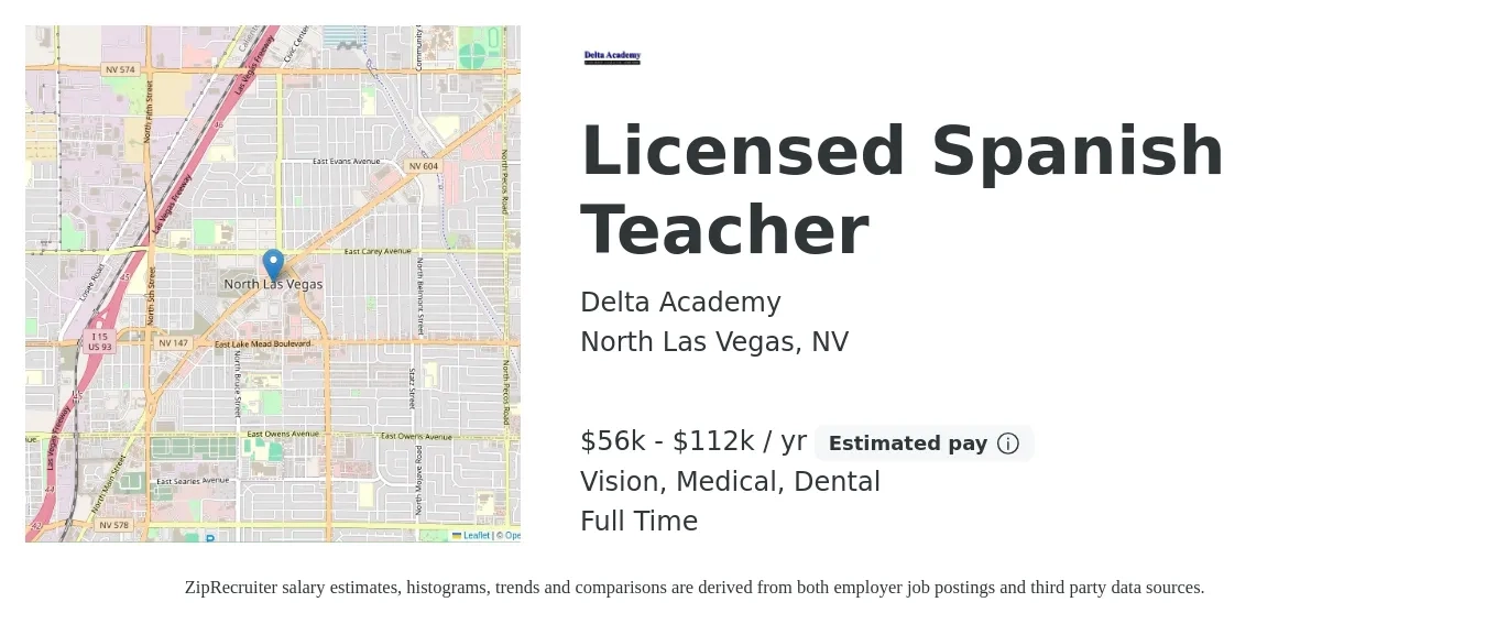 Delta Academy job posting for a Licensed Spanish Teacher in North Las Vegas, NV with a salary of $56,500 to $112,900 Yearly and benefits including retirement, vision, dental, and medical with a map of North Las Vegas location.